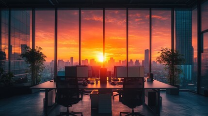 Fototapeta premium Breathtaking Sunset View from Modern Office Workspace