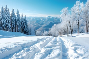 Obraz premium Pristine Snow-Covered Mountain Landscape with Frosty Trees and Rolling Hills