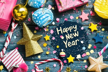 Obraz premium Colorful decorations and a festive atmosphere celebrating the New Year with stars, ornaments, and cheerful confetti.