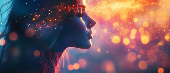 Design an ethereal image of a free spirit in a world of bliss, highlighted by vibrant colors, deep field perspective, and brilliant, shimmering bokeh
