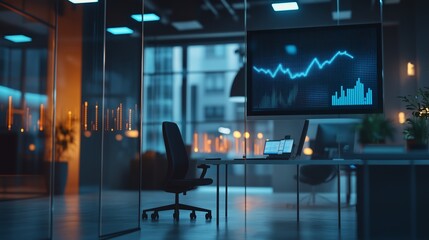 Modern office interior with financial data displayed on screen during evening hours in an urban setting