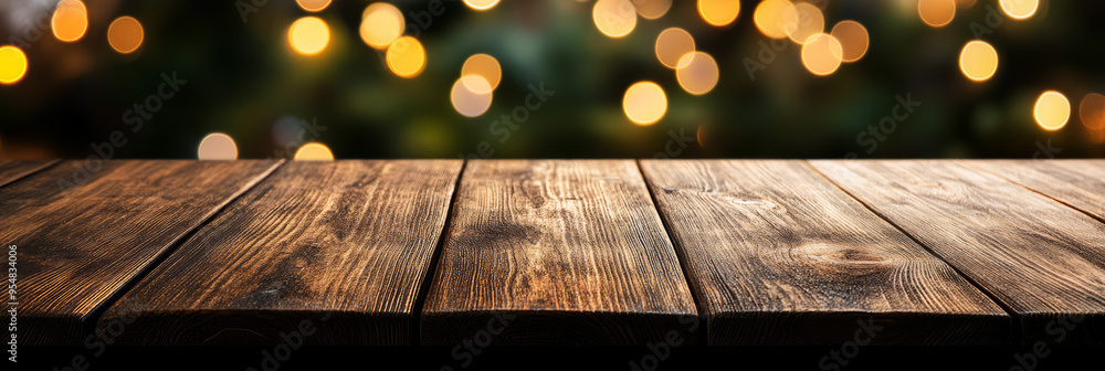 Poster aged wooden table surface with a dreamy softly blurred bokeh background in warm tones perfect for te
