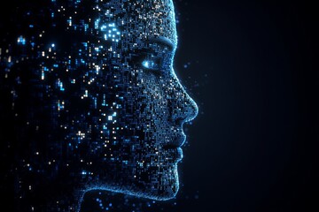 Attachment theory Dopamine surge Futuristic digital silhouette of a womans profile made of blue pixels representing data security identity protection and the complexities of modern technology