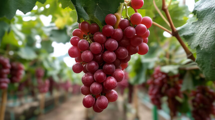 Red grapes hanging on the vine in a grape farm. 