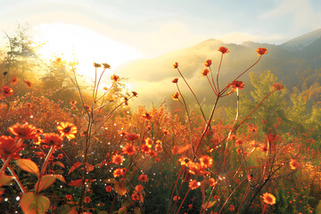 Obraz premium 秋の風景。 森の朝日と紅葉