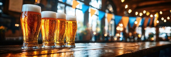 Four glasses of cold beer sit on a wooden bar, glistening under warm lighting. Colorful bunting hangs above, creating a lively atmosphere in the pub as evening falls