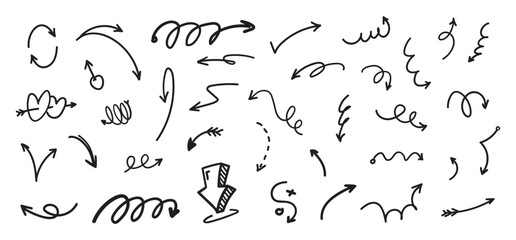 Hand-Drawn Arrow Doodle Set | Vector Illustration of Scribble Arrows and Symbols | Sketchy Black and White Directional Icons for Graphic Design