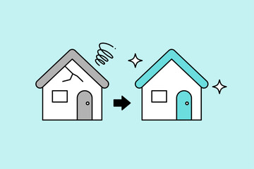 古くて汚れた一軒家とリフォームされてピカピカの家のシンプルなベクターアイコンイラスト