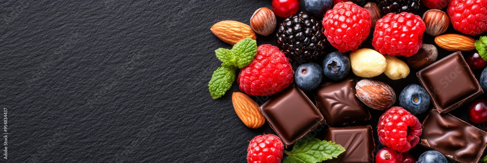Poster assorted swiss chocolates nuts and berries spread on a black background perfect space for text