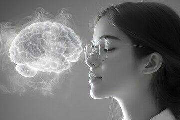 Fototapeta premium Pair bonding Dopamine surge Womans profile with glowing brain visualization depicting mental focus cognitive thinking and the abstract nature of human consciousness in monochrome