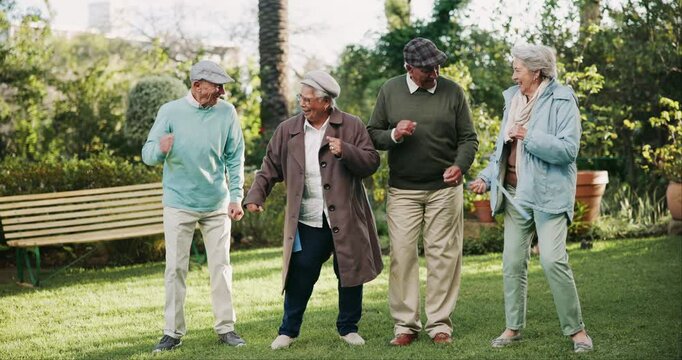 Outdoor, dancing and old people with happiness, friends and retirement with movement, smile and wellness. Cheerful, backyard and group with support, healthy routine and recreation al activity in park
