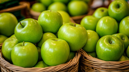 Bright green apples piled high in a woven basket market stall background warm and inviting hues 