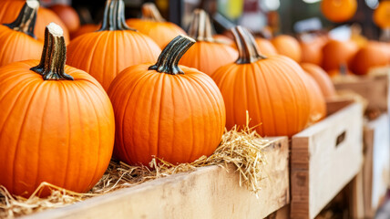 Bright orange pumpkins arranged with straw in a rustic market stall autumnal colors and feel 