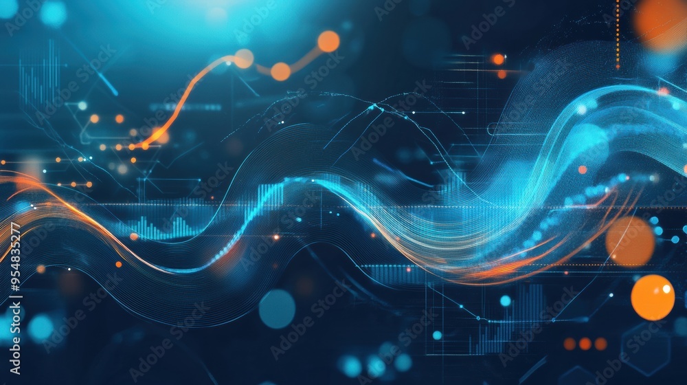 Poster 2d animated background featuring a series of interconnected financial graphs, with flowing data stre