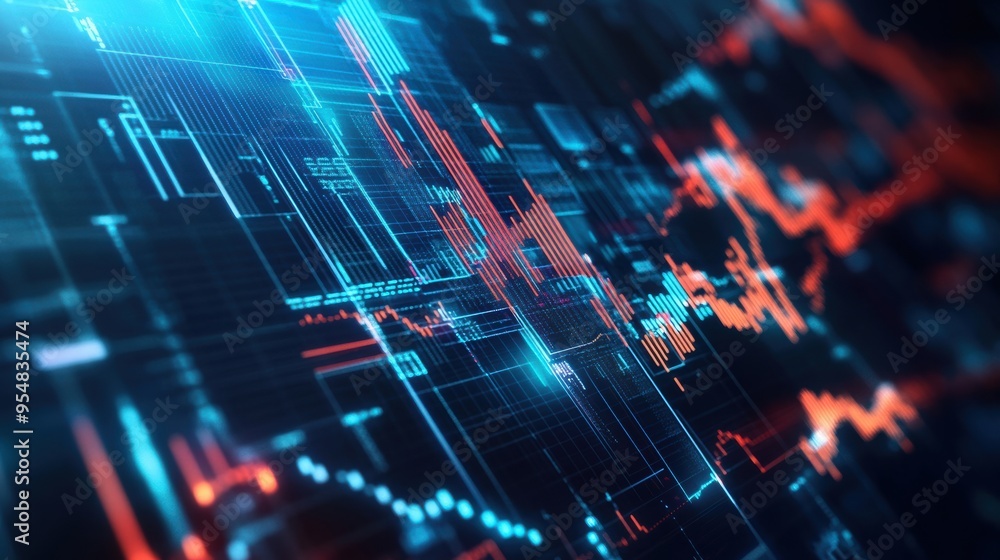Poster 2d animation of a financial grid with intersecting lines and data points, continuously evolving to r