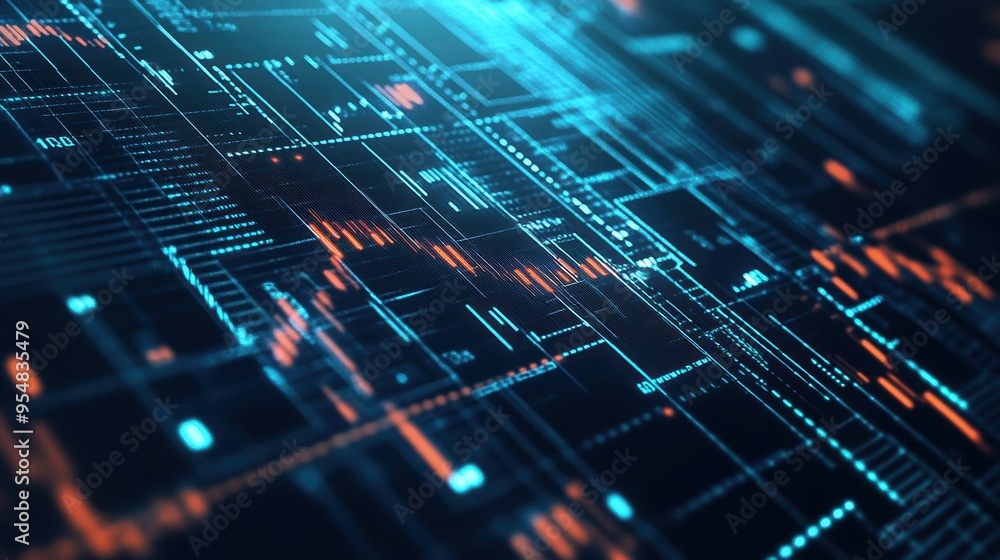 Poster 2d animation of a financial grid with intersecting lines and data points, continuously evolving to r