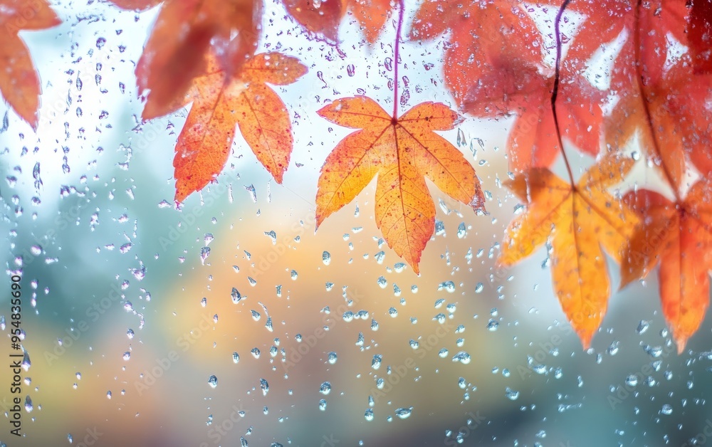 Poster a rain-covered window with autumn leaves visible in soft focus outside, soft warm light inside creat