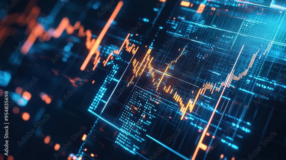 Poster 2d animation of a financial grid with intersecting lines and data points, continuously evolving to r