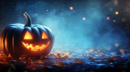 Fototapeta premium A glowing jack-o'-lantern surrounded by autumn leaves, set against a misty, atmospheric background, perfect for Halloween.