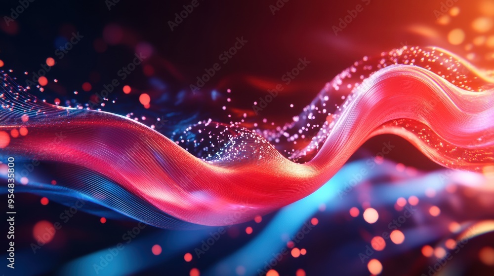 Poster 2d animation of abstract waves and particles, harmonically paced to provide a flowing and elegant ba