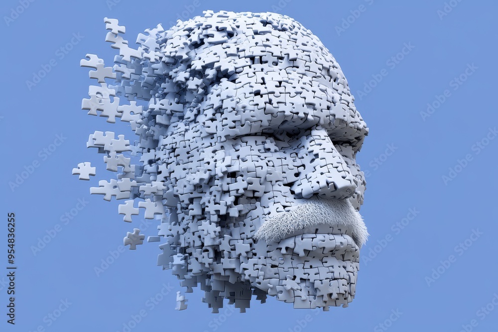 Poster ltp dopamine surge abstract digital sculpture of a human head disintegrating into puzzle pieces illu