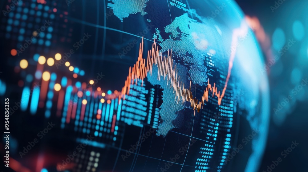 Poster 3d loop of a rotating globe with financial data points and graphs mapped onto its surface, symbolizi