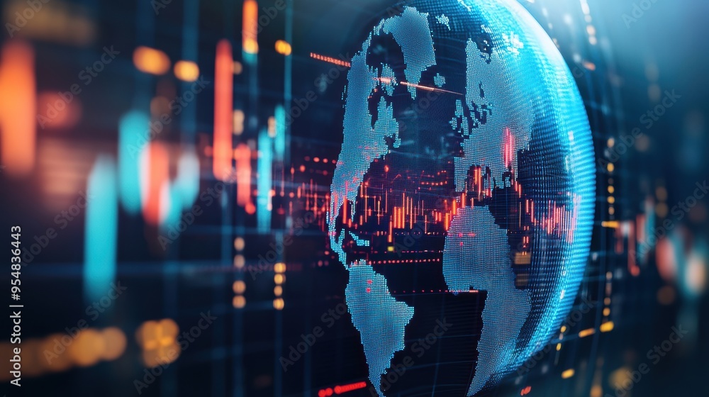 Poster 3d loop of a rotating globe with financial data points and graphs mapped onto its surface, symbolizi
