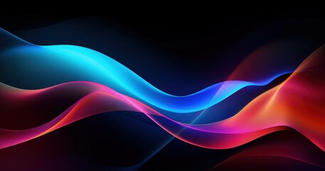 A vibrant abstract design featuring flowing waves of blue, pink, and red colors against a dark background.