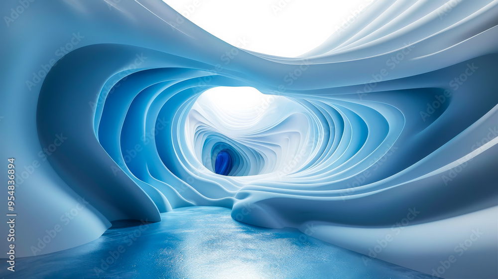 Aufkleber a blue tunnel with a white light shining through it. the tunnel is long and narrow, and the light is