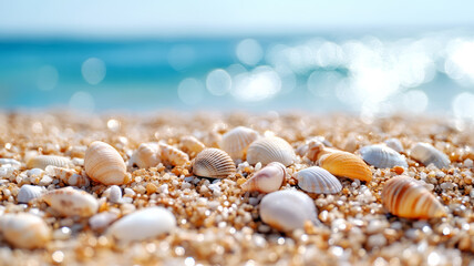Close up of wet sand with scattered seashell fragments and sparkling quartz grains 