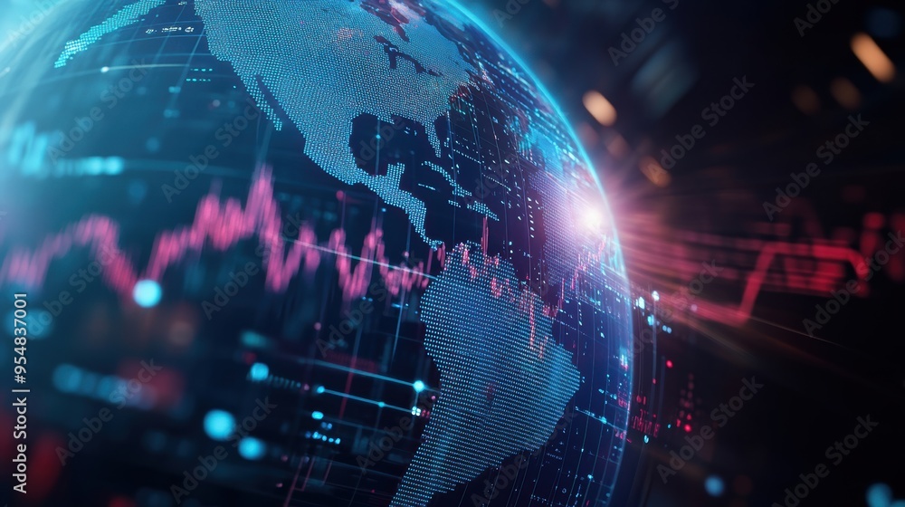 Aufkleber 3d loop of a rotating globe with financial data points and graphs mapped onto its surface, symbolizi