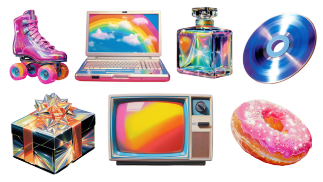 PNG 80s airbrush pop culture element set, transparent background