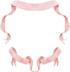 Watercolor Ribbon Banner Wedding Crest. Pink Pastel Bow 
