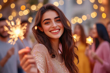 Fototapeta premium young woman holding sparkle in hand on diwali festival