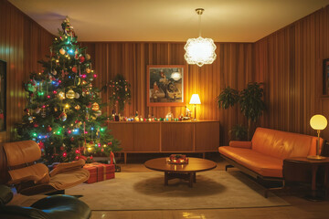 Cozy living room with Christmas tree and festive decorations during nighttime