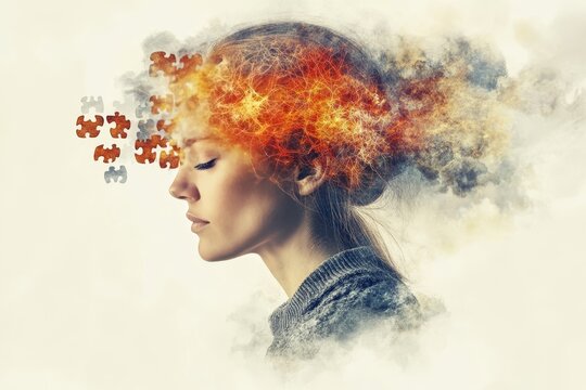 Neuroendocrinology Dopamine surge Womans head exploding with fiery puzzle pieces symbolizing the chaos and intense energy of creativity and the mental struggle for clarity