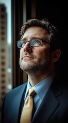 Fototapeta premium Confident CEO in Cityscape - Professional Corporate Portrait Natural Light by Window