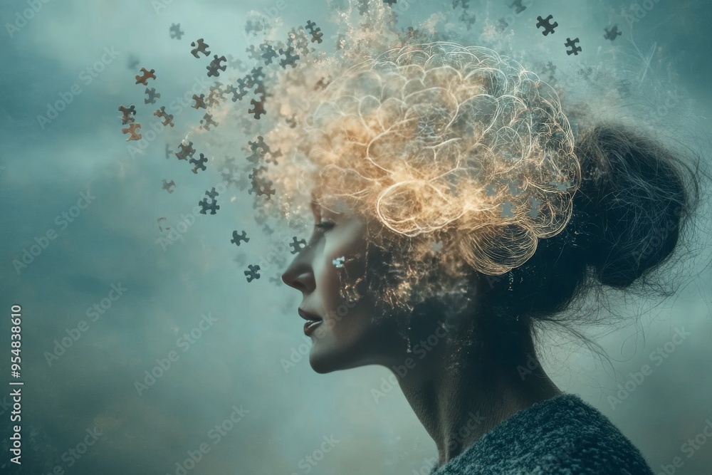 Aufkleber long term potentiation oxytocin release surreal portrait of a woman with her brain dissolving into p