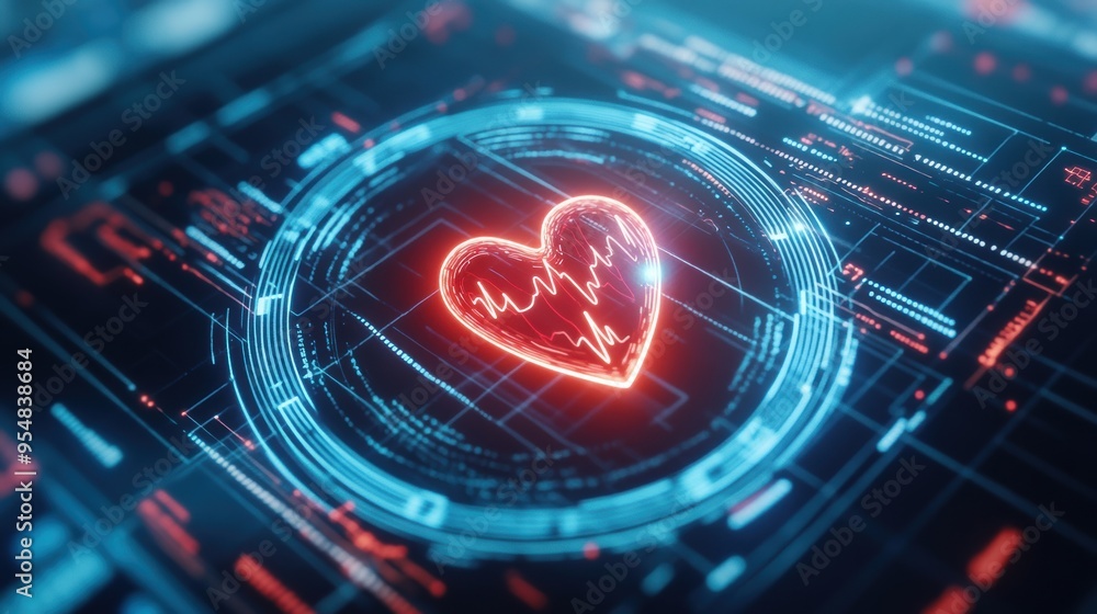 Poster a 2d animation loop of a virtual medical interface with holographic elements, displaying various hea