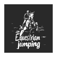 Naklejka premium Equestrian jumping illustration in black and white featuring a rider on a horse, depicting the sport and action of show jumping