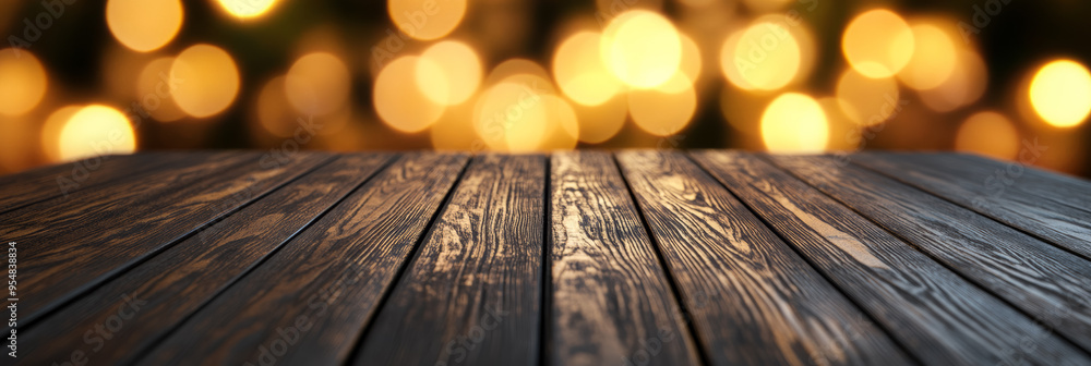 Aufkleber dark wooden table with a softly glowing golden bokeh background creating an elegant warm atmosphere