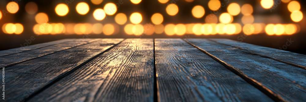 Poster dark wooden table with a softly glowing golden bokeh background creating an elegant warm atmosphere