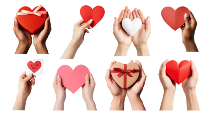 PNG hands holding hearts element set, transparent background