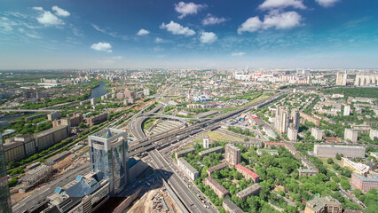 Fototapeta premium Panoramic aerial view of the buildings from the rooftop of Moscow International Business Center skyscraper timelapse, Russia