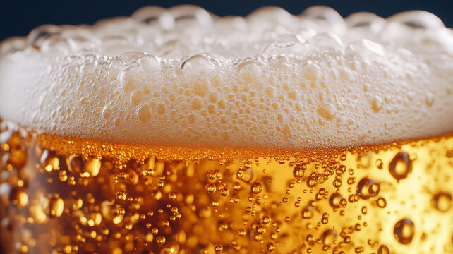 Detailed close up of an Oktoberfest beer stein overflowing with foam showing rich golden hues and bubbles