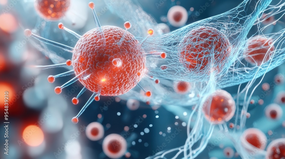 Poster a 3d animation loop of cells multiplying and dividing, with detailed textures and realistic movement