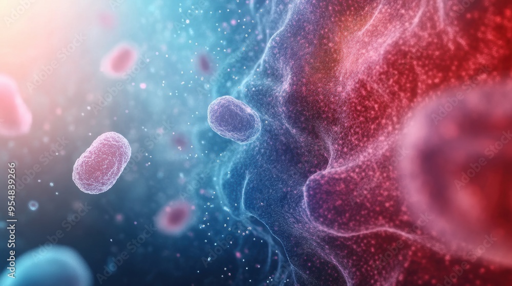 Poster a 3d animation loop of cells multiplying and dividing, with detailed textures and realistic movement