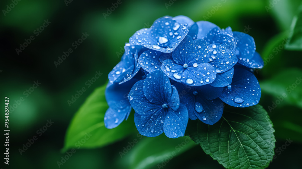 Poster detailed image of raindrops resting on a blue hydrangea petal with a bokeh background