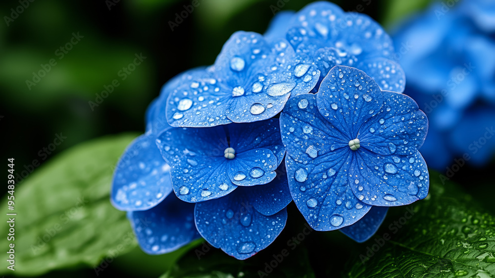 Poster detailed image of raindrops resting on a blue hydrangea petal with a bokeh background