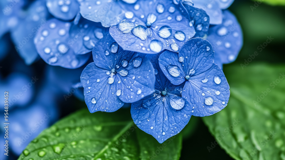 Poster detailed image of raindrops resting on a blue hydrangea petal with a bokeh background